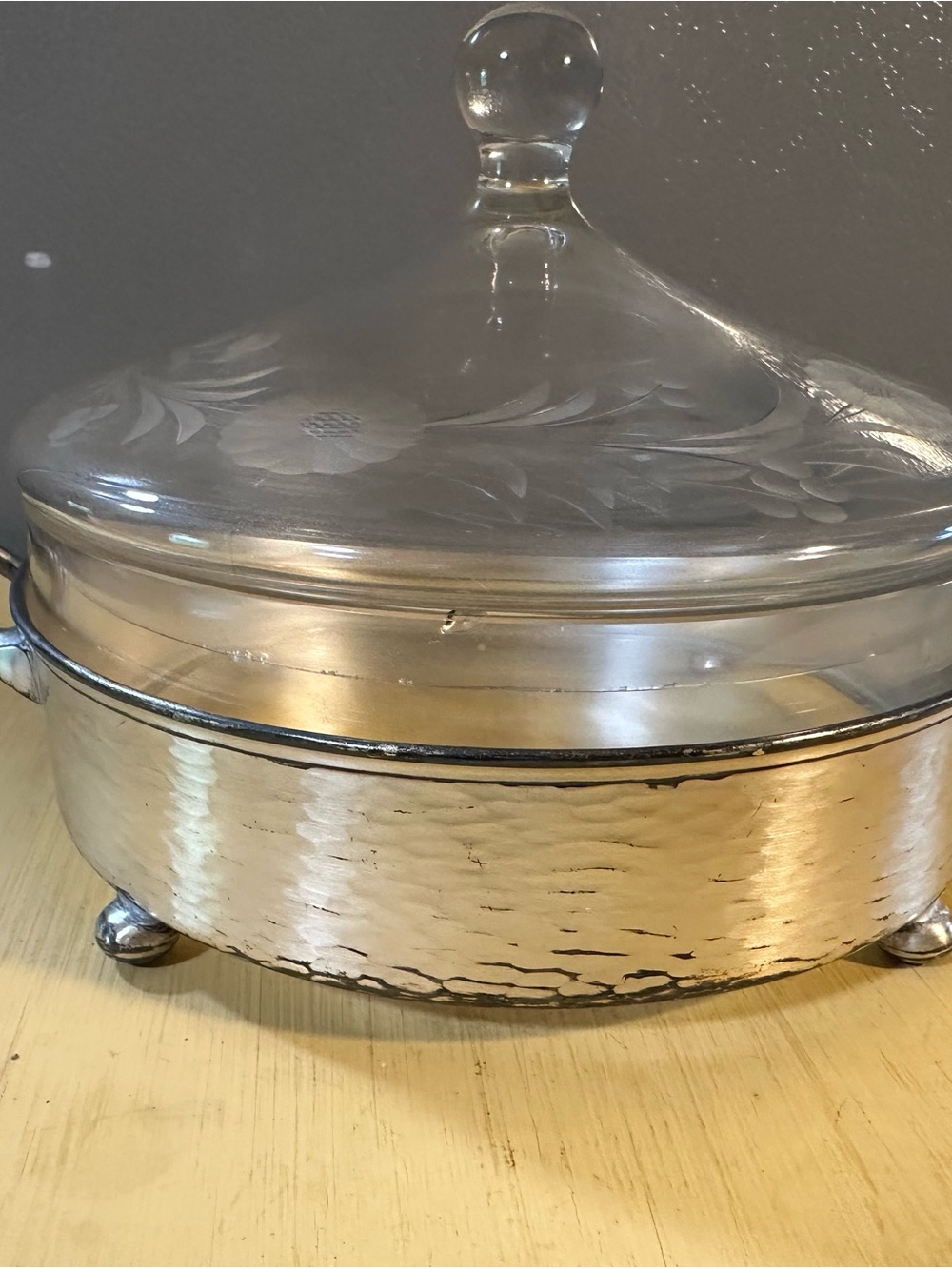 Glass Covered Dish with Silver-Tone Metal Base With Feet